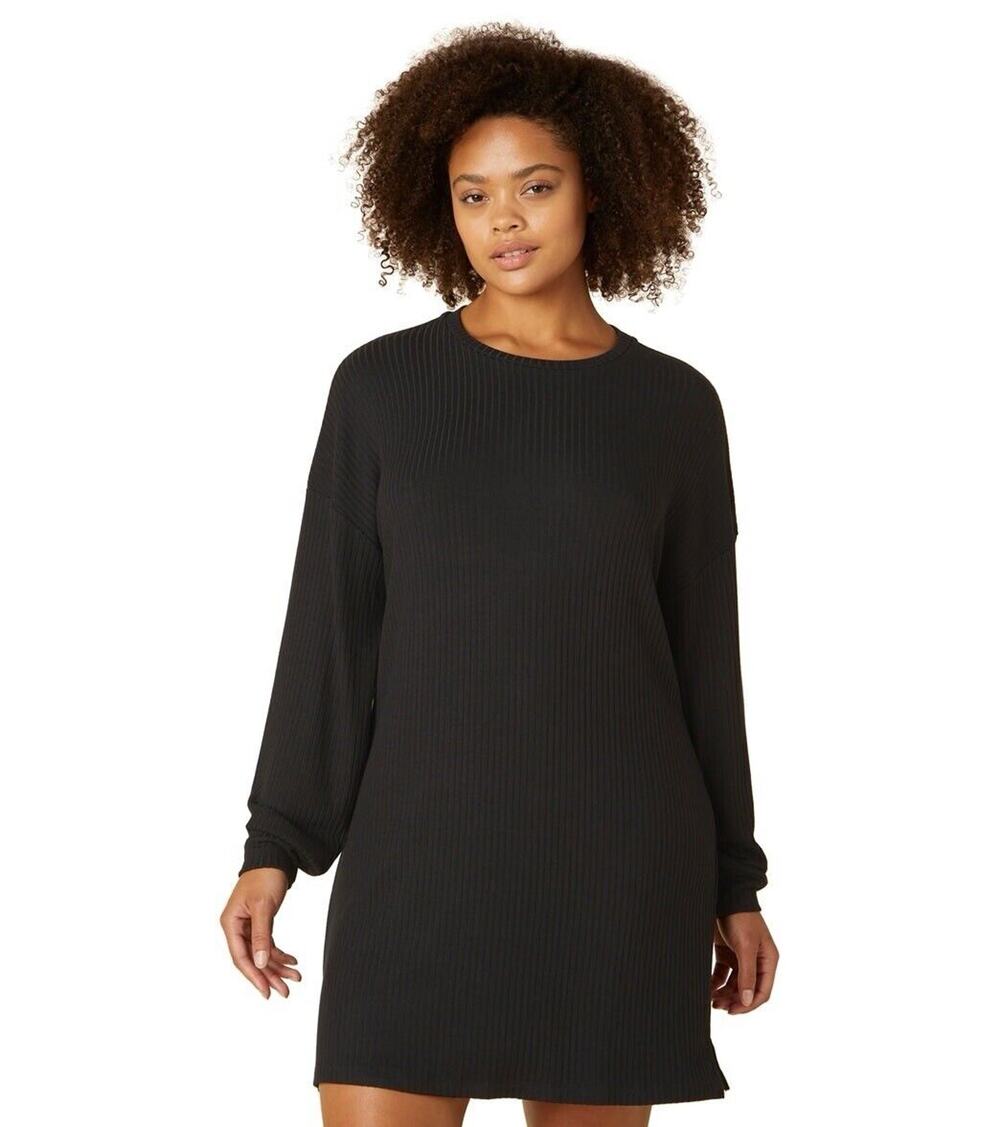 Beyond Yoga No Stress Dress S Black Ribbed Knit Soft Long Sleeve Mini NWT